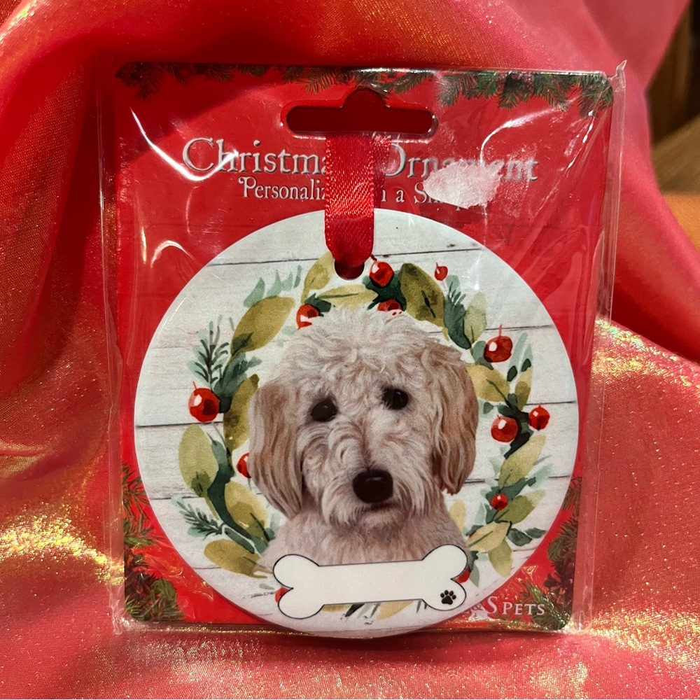 Goldendoodle Face Christmas Ornament with Red Ribbon